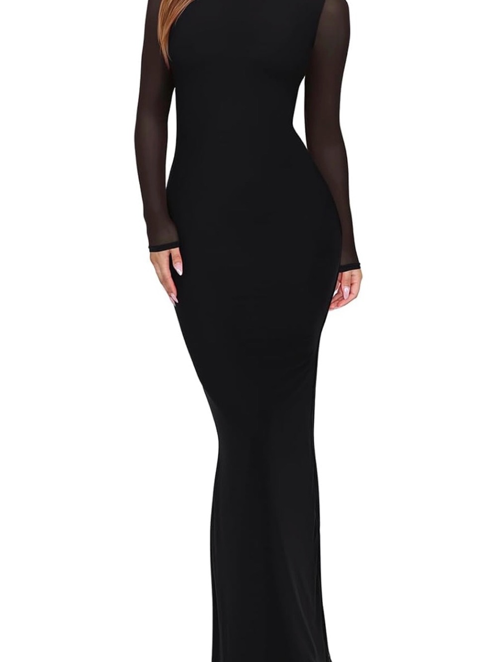 Elegant Black Long Sleeve Sheer Panel Maxi Dress